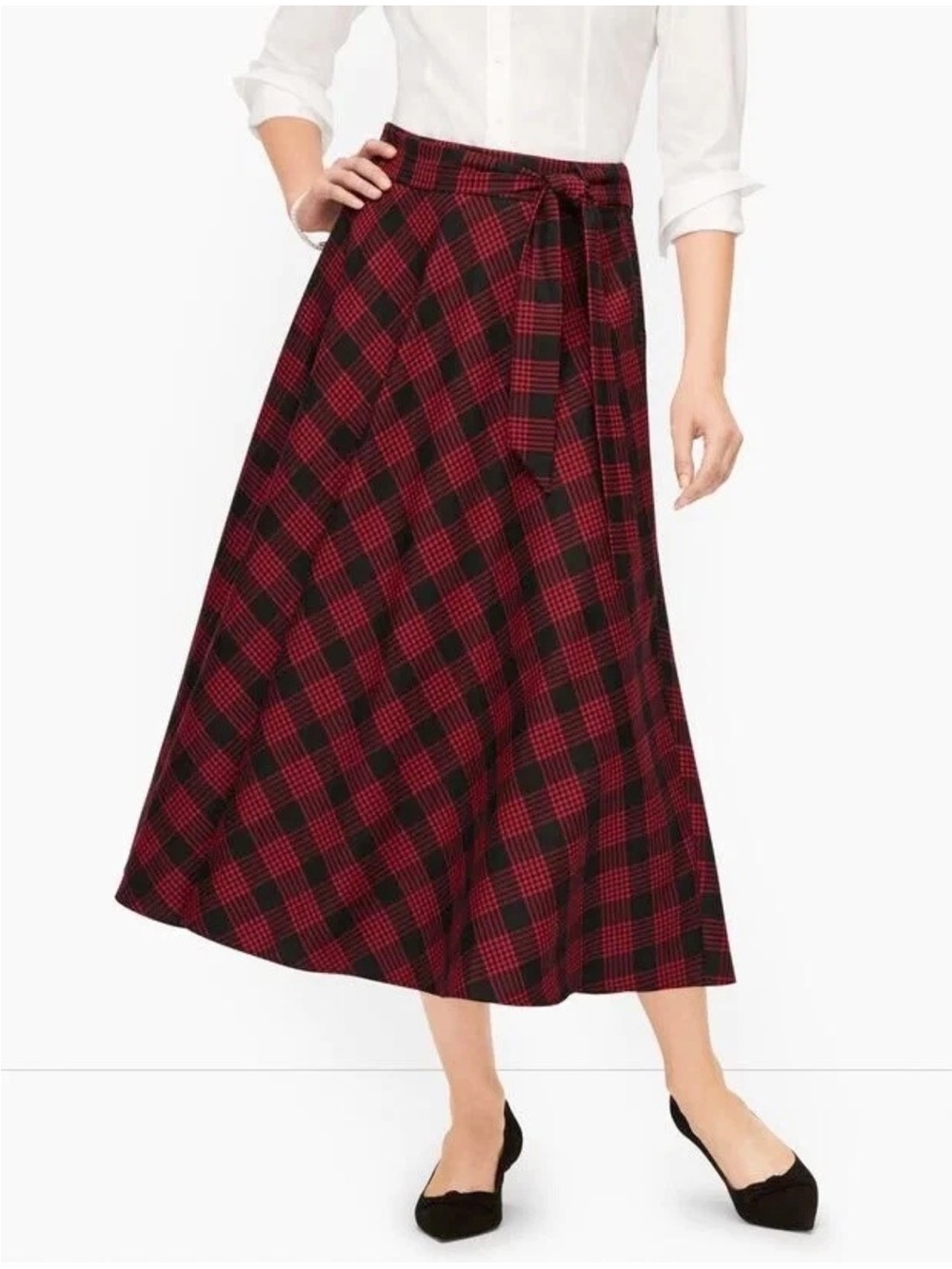 TALBOTS TIE WAIST HOUNDSTOOTH MIDI Plaid SKIRT Maxi A-line Black Red size 14